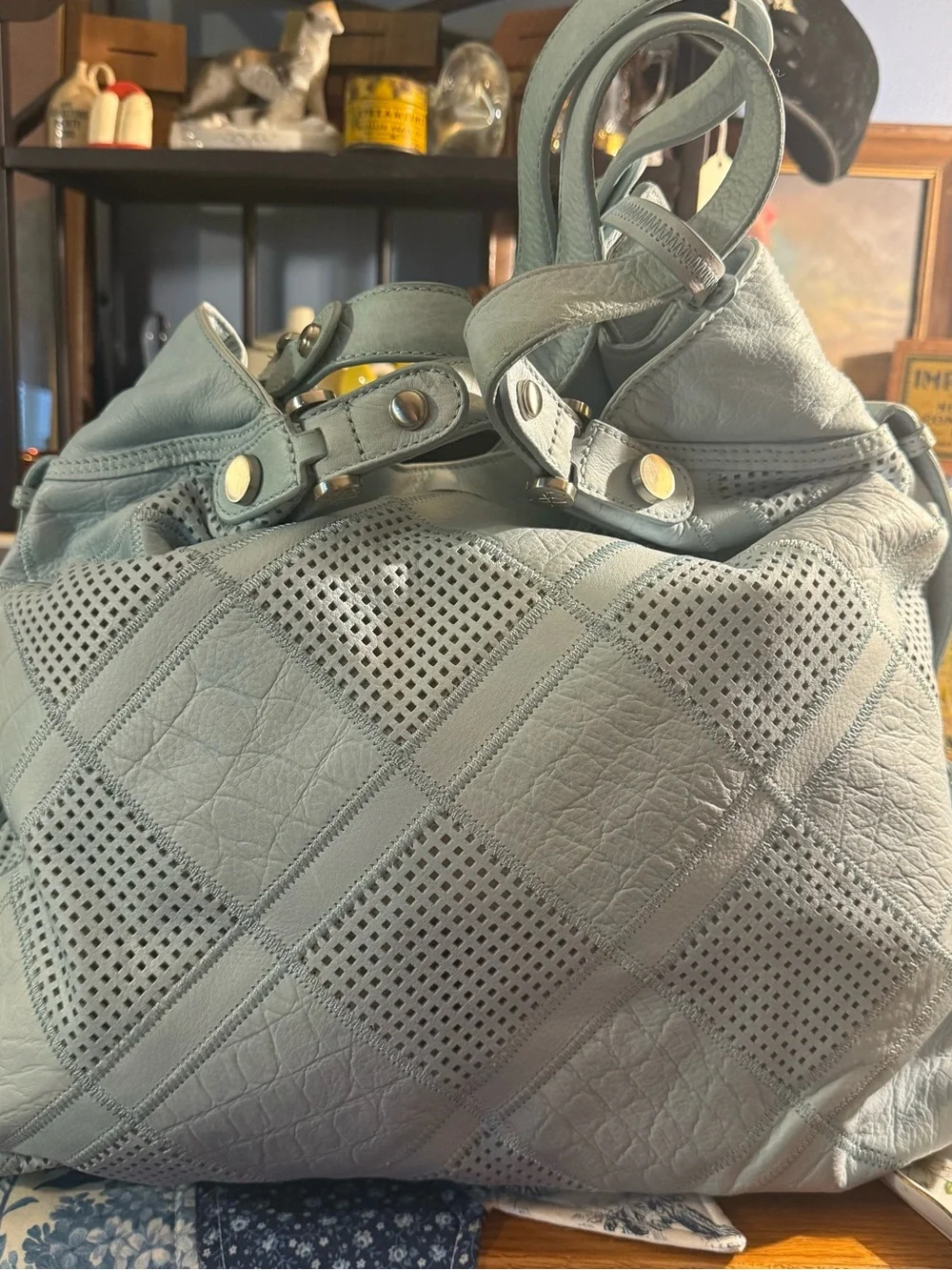 b. makowsky Light Sage Perforated Diamond-Panel Shoulder Bag